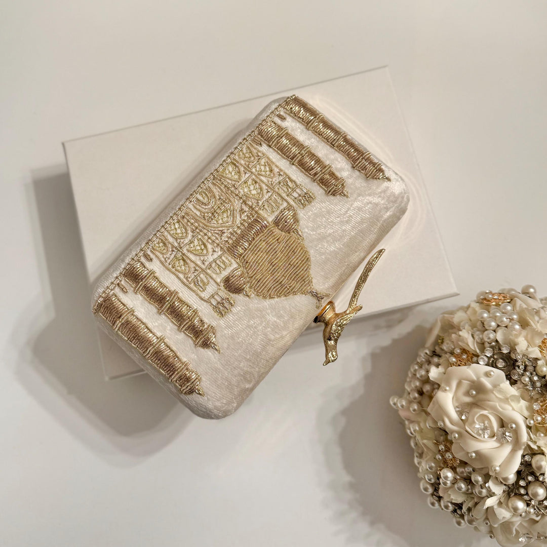 Taj Mahal Inspired Bridal Clutch: Zardozi Embroidery, Velvet & Gold