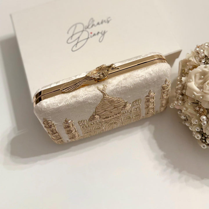 Taj Mahal Inspired Bridal Clutch: Zardozi Embroidery, Velvet & Gold