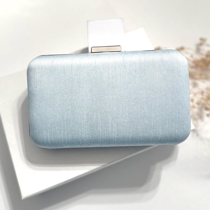 Powder Blue Zardozi Clutch: Handmade Raw Silk Bridal Purse