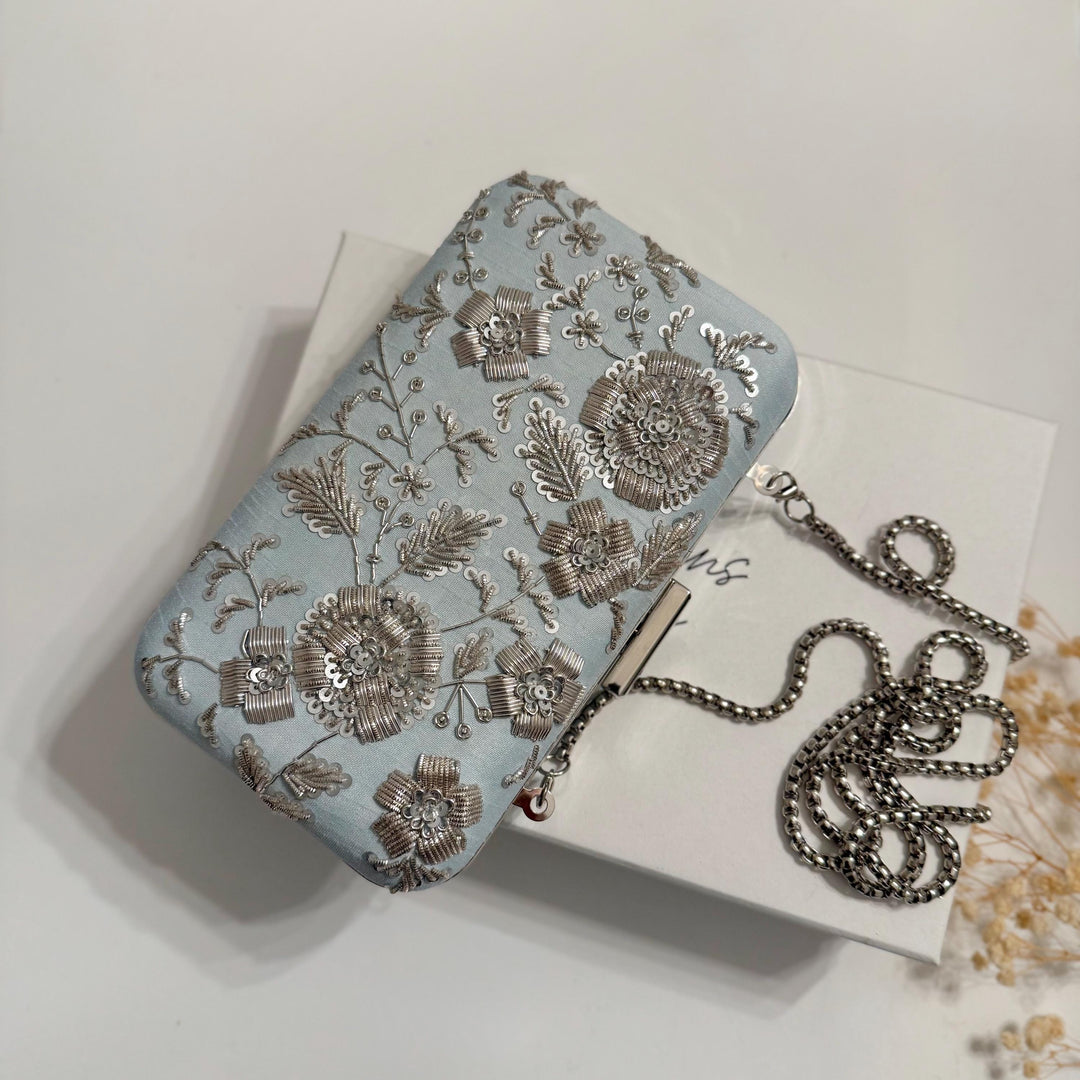 Powder Blue Zardozi Clutch: Handmade Raw Silk Bridal Purse