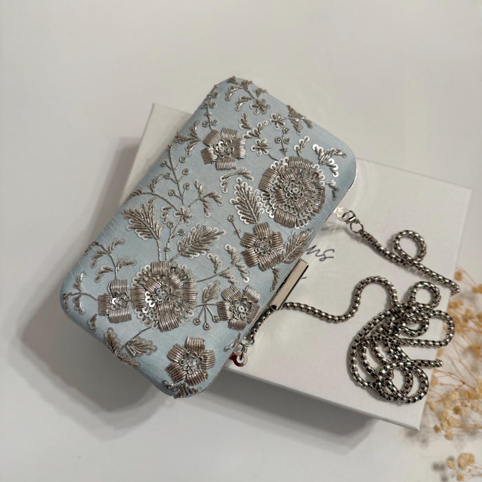 Powder Blue Zardozi Clutch: Handmade Raw Silk Bridal Purse