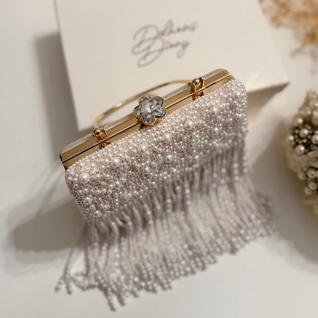 White Beaded Fringe Bridal Clutch | Ivory Wedding Top Handle Bag