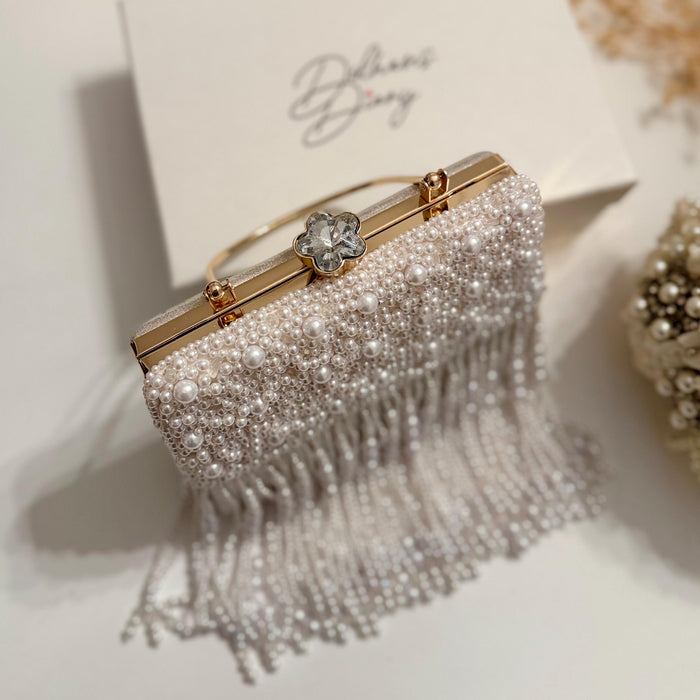 White Beaded Fringe Bridal Clutch