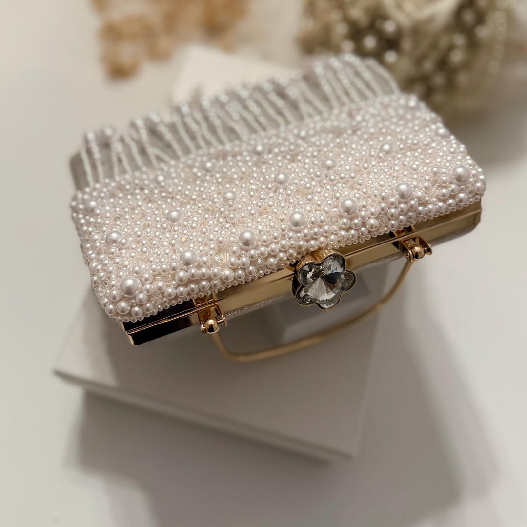 White Beaded Fringe Bridal Clutch | Ivory Wedding Top Handle Bag