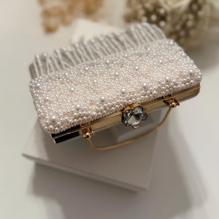 White Beaded Fringe Bridal Clutch | Ivory Wedding Top Handle Bag