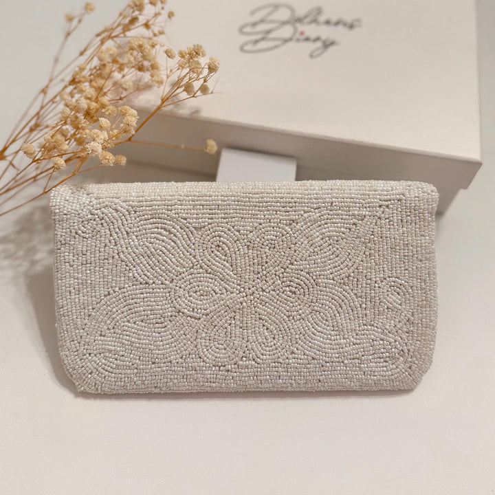 Handmade Beaded White Clutch: Bridal Wedding Purse with Straps