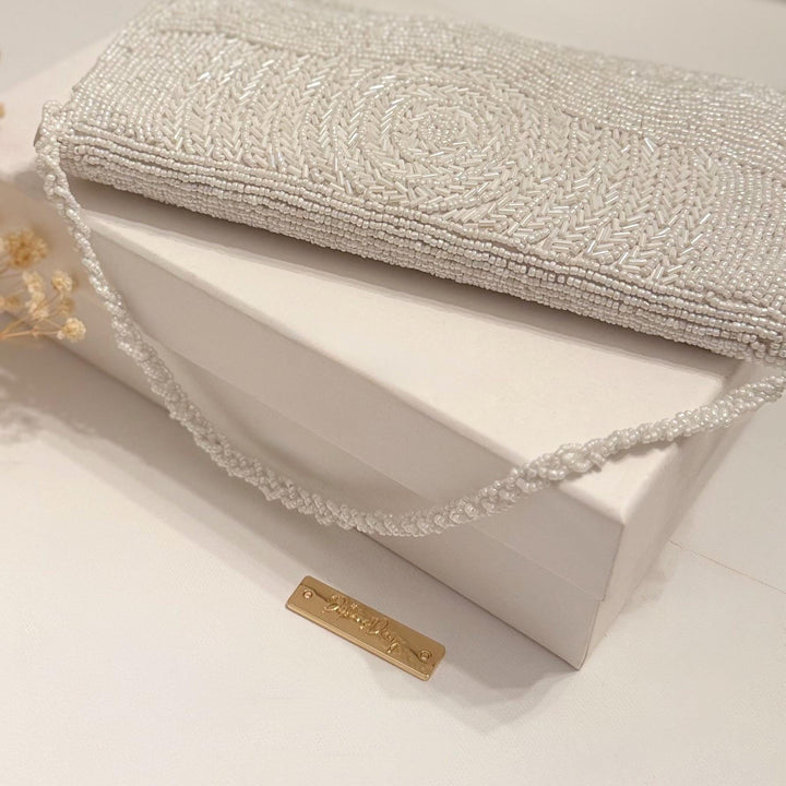 Handmade Beaded White Clutch: Bridal Wedding Purse with Straps