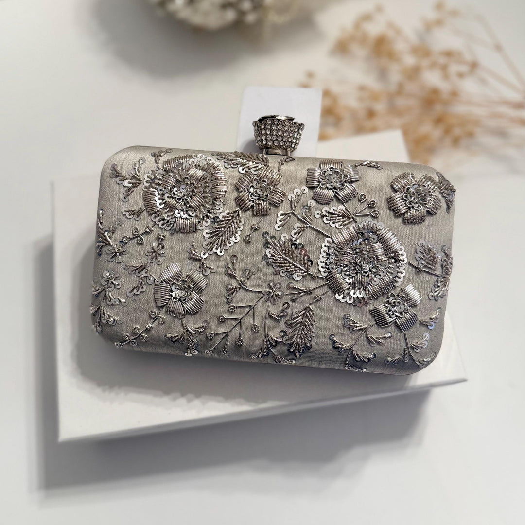 Silver Bridal Clutch: Handmade Zardozi Floral Brides Purse