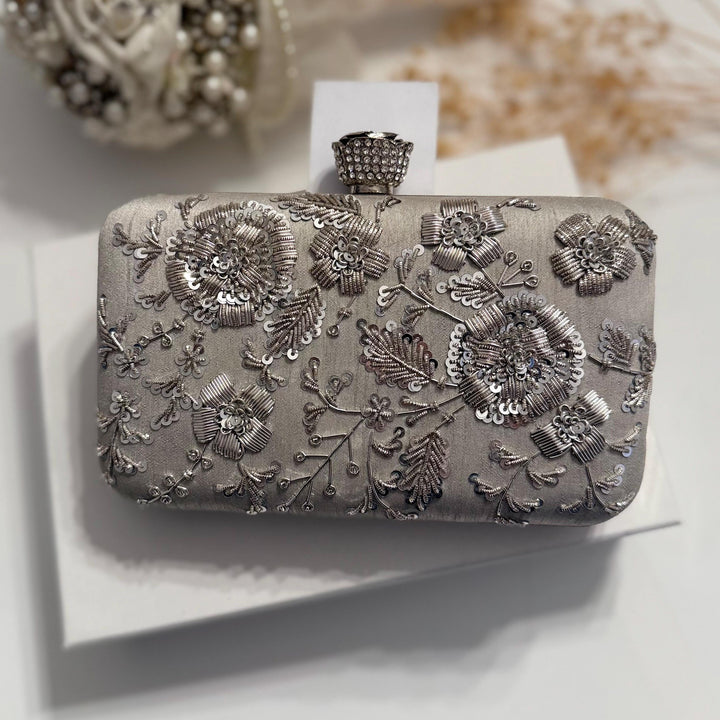 Silver Bridal Clutch: Handmade Zardozi Floral Brides Purse
