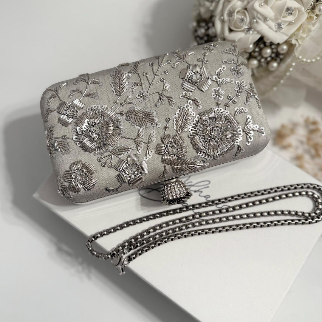 Silver Bridal Clutch: Handmade Zardozi Floral Brides Purse