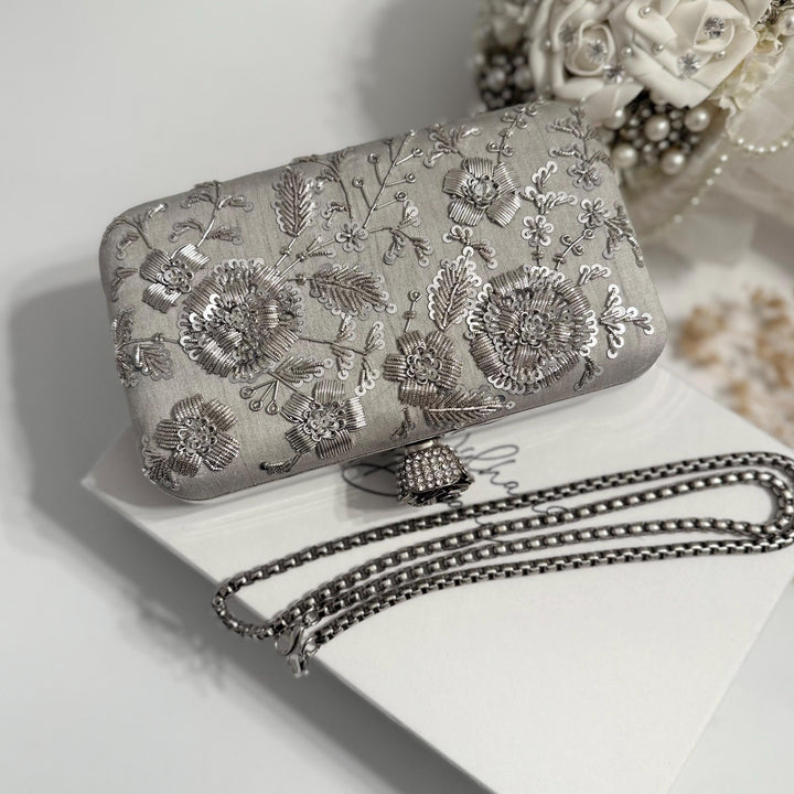 Silver Bridal Clutch: Handmade Zardozi Floral Brides Purse