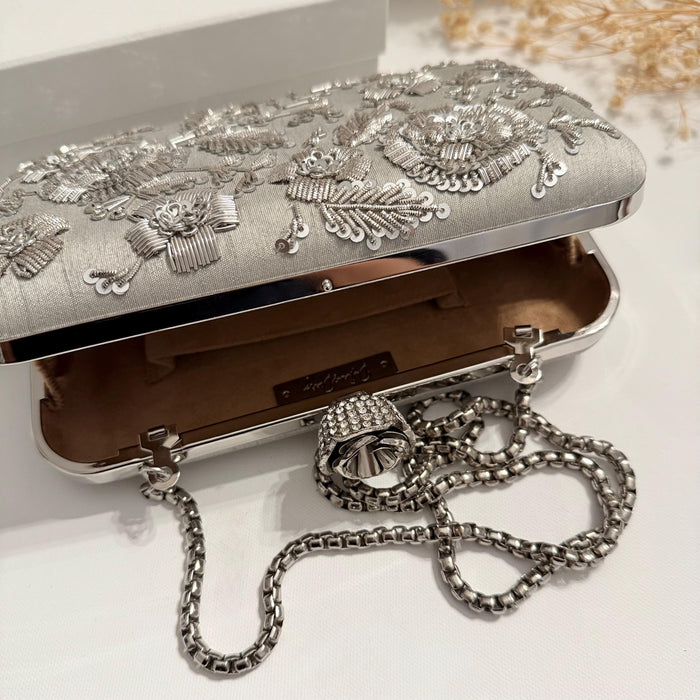 Silver Bridal Clutch: Handmade Zardozi Floral Brides Purse