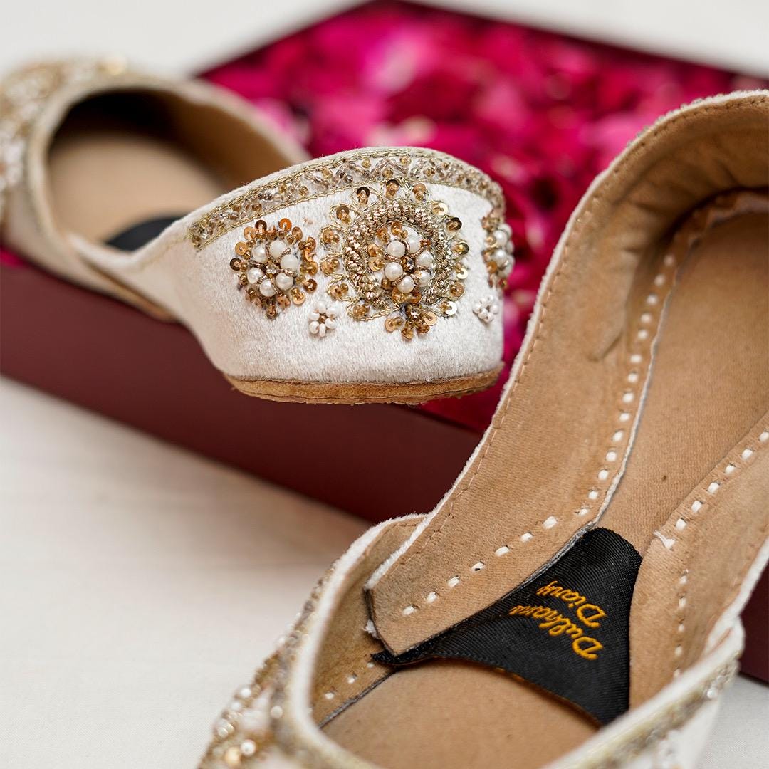 Ivory Bridal Khussa Jutti: Handmade Velvet Wedding Shoes