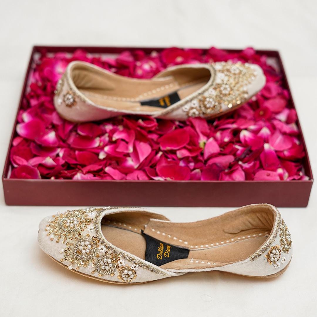 Ivory Bridal Khussa Jutti: Handmade Velvet Wedding Shoes