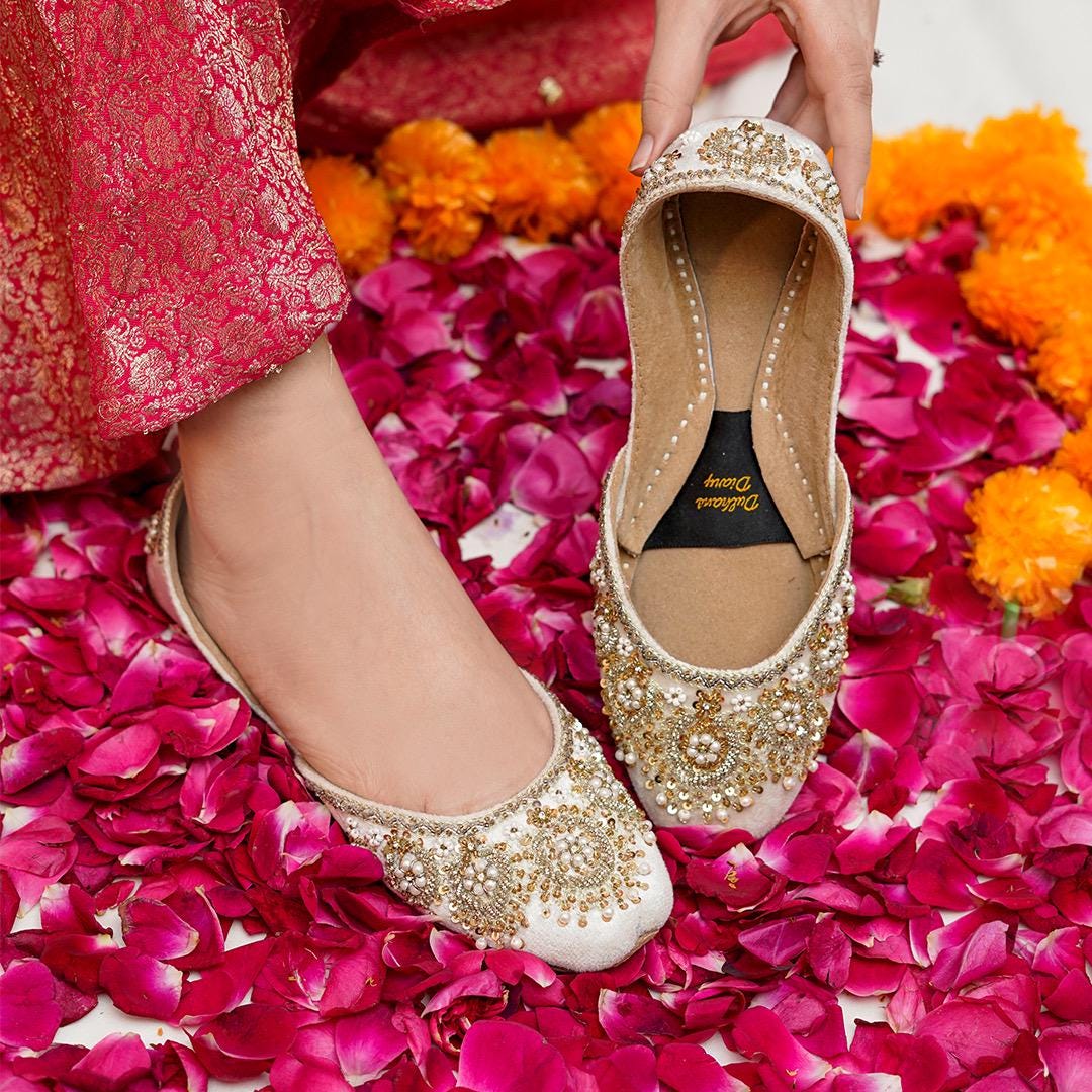 Ivory Bridal Khussa Jutti: Handmade Velvet Wedding Shoes