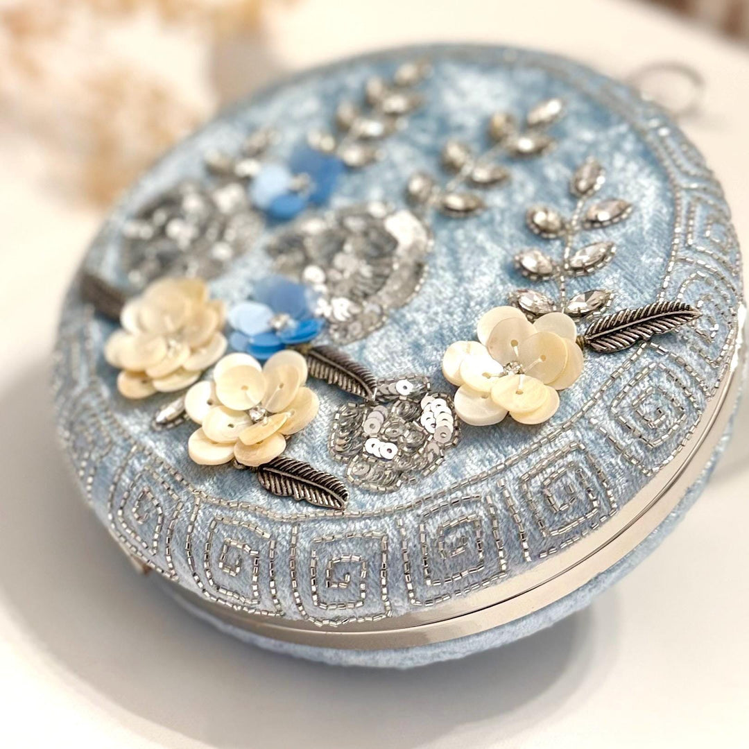 Powder Blue Bridal Clutch: Handmade Beaded Floral Velvet Evening Bag