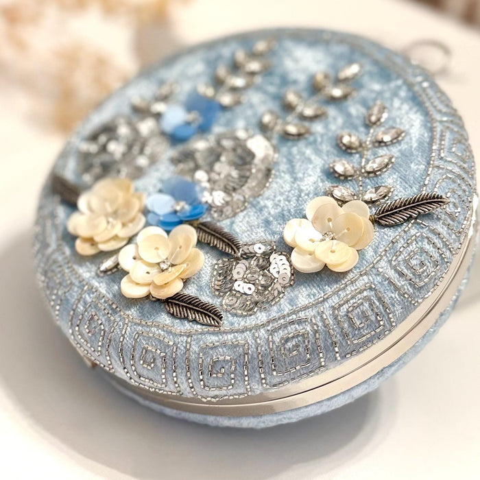 Powder Blue Bridal Clutch: Handmade Beaded Floral Velvet Evening Bag