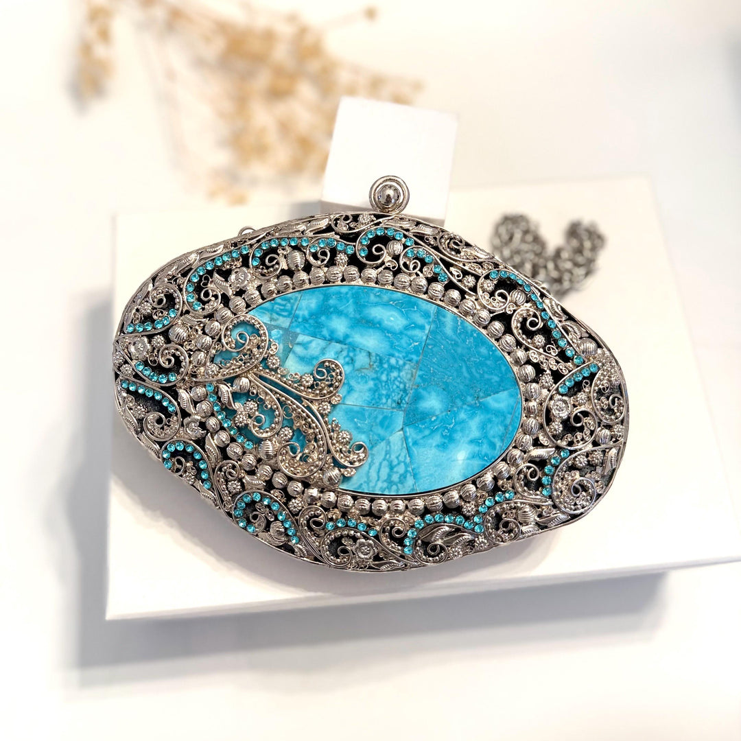 Handmade Turquoise Gemstone Clutch: Silver Plated Floral Evening Bag
