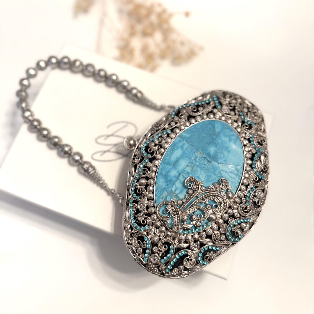 Handmade Turquoise Gemstone Clutch: Silver Plated Floral Evening Bag