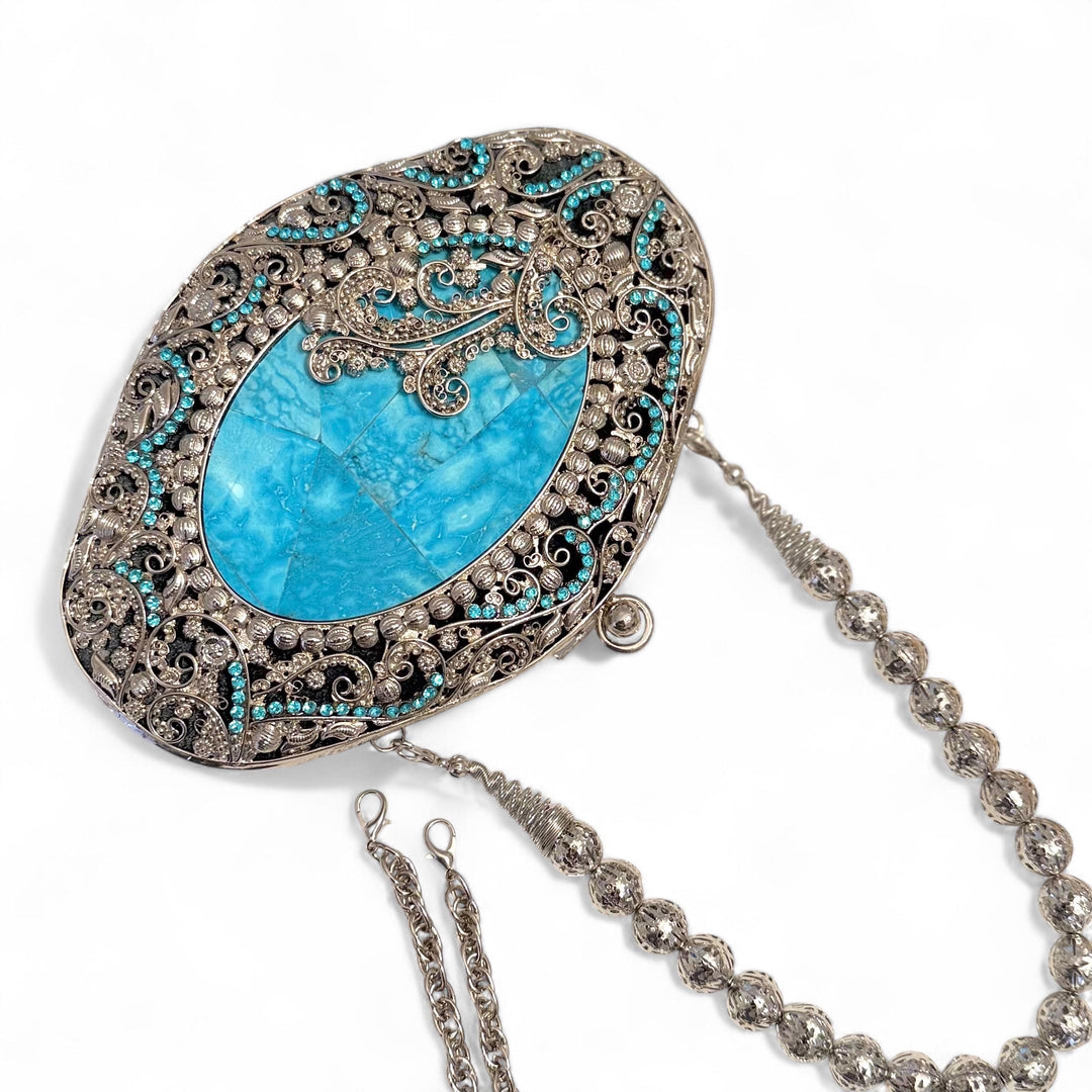 Handmade Turquoise Gemstone Clutch: Silver Plated Floral Evening Bag