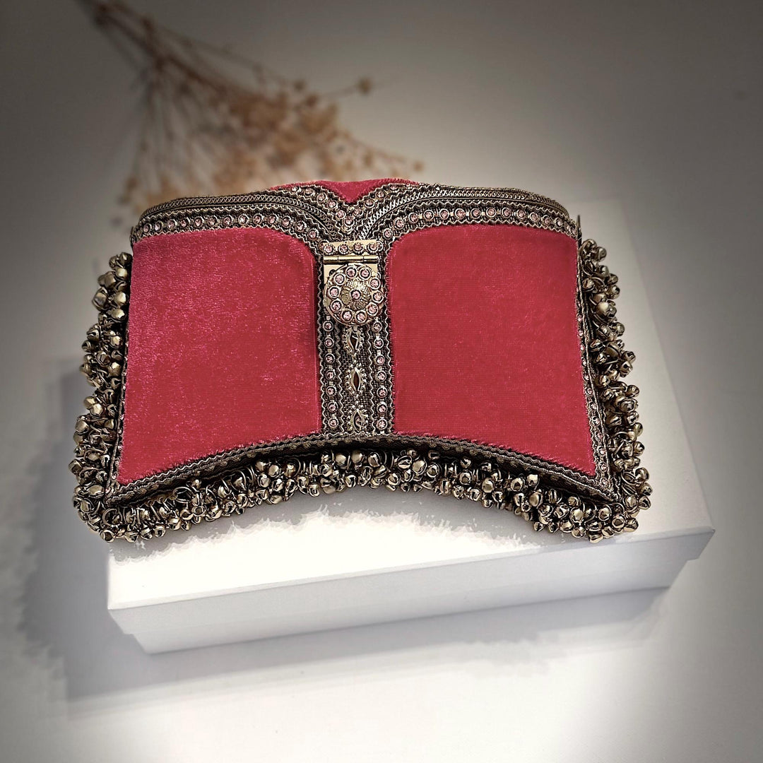 Handmade Ruby Velvet Bridal Clutch: Gold-Tone Pearl Evening Bag