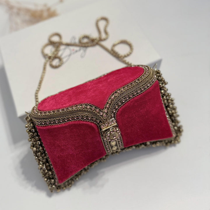 Handmade Ruby Velvet Bridal Clutch: Gold-Tone Pearl Evening Bag