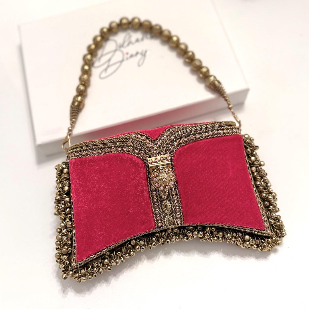Handmade Ruby Velvet Bridal Clutch: Gold-Tone Pearl Evening Bag