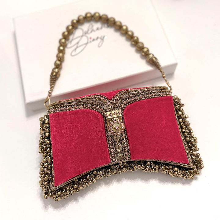 Handmade Ruby Velvet Bridal Clutch: Gold-Tone Pearl Evening Bag