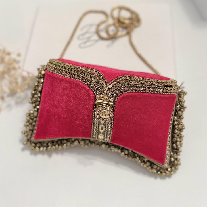 Handmade Ruby Velvet Bridal Clutch: Gold-Tone Pearl Evening Bag