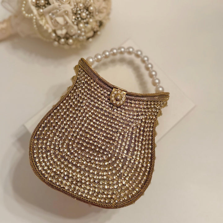 Handmade Gold Crystal Bridal Clutch: Pearl Handle Wedding Evening Bag