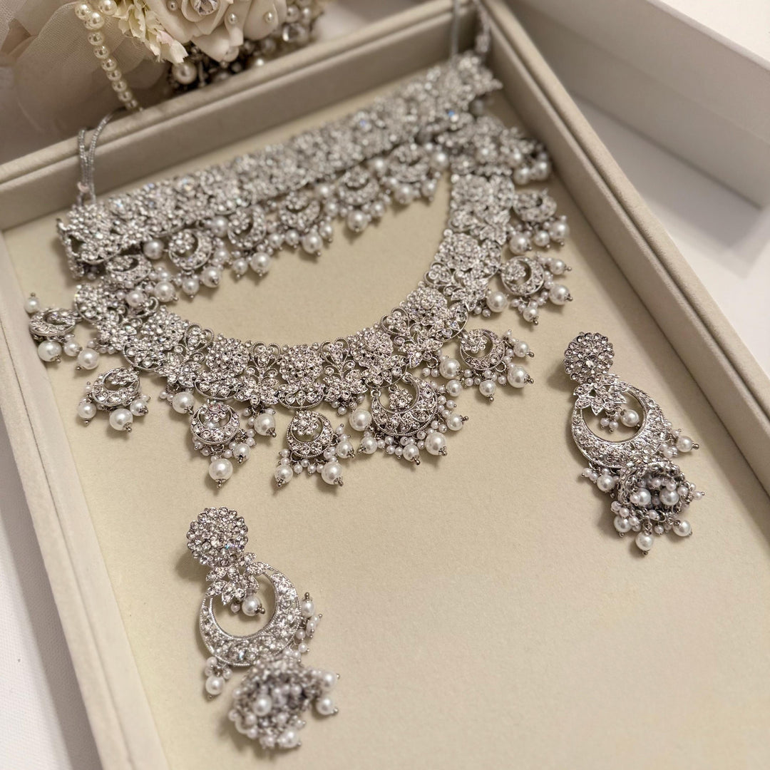 White Kundan Bridal Necklace Set: Gold & Silver Plated Indian Jewelry