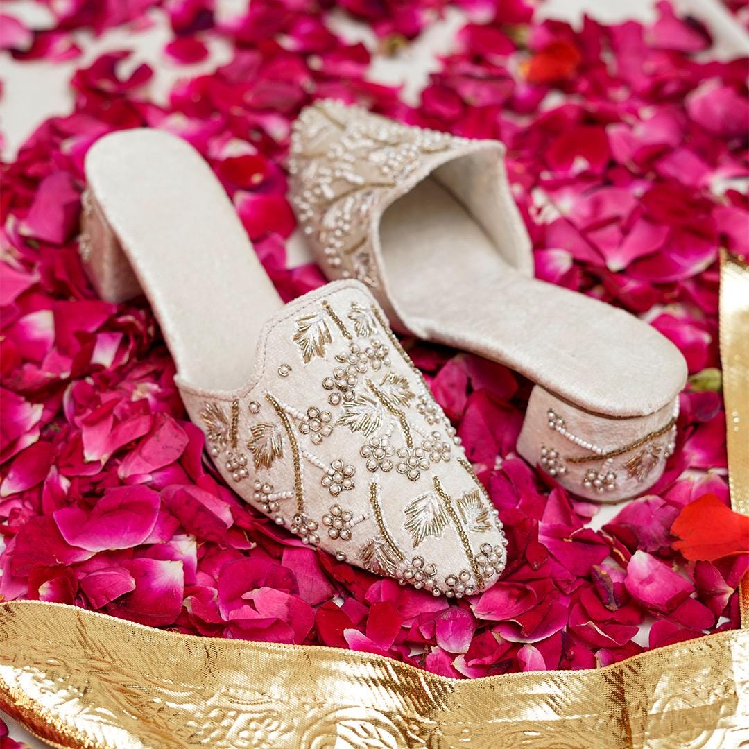 Handmade Ivory Bridal Mules: Beaded Pakistani Wedding Shoes