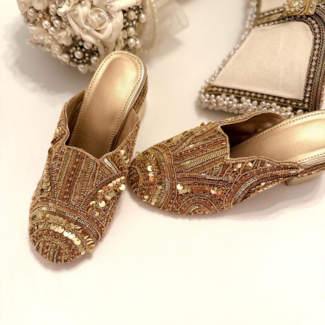 Handmade Gold Bridal Mules: Beaded Raw Silk Block Heels