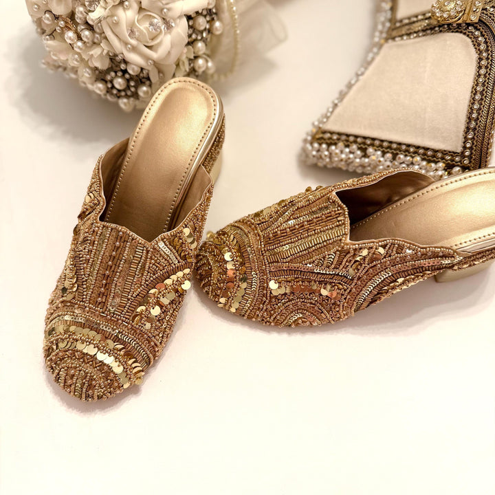 Handmade Gold Bridal Mules: Beaded Raw Silk Block Heels
