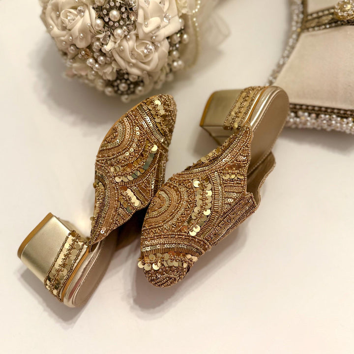 Handmade Gold Bridal Mules: Beaded Raw Silk Block Heels