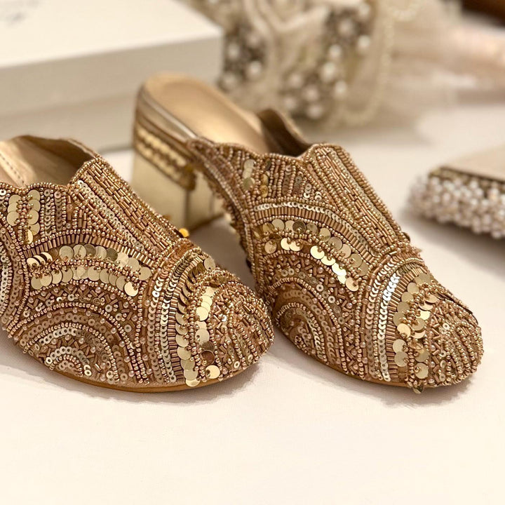Handmade Gold Bridal Mules: Beaded Raw Silk Block Heels