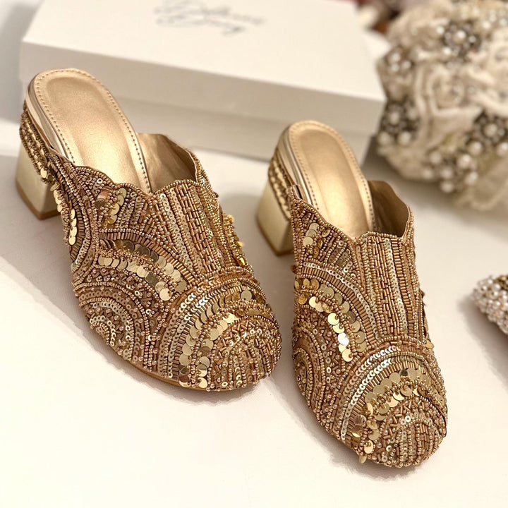 Handmade Gold Bridal Mules: Beaded Raw Silk Block Heels