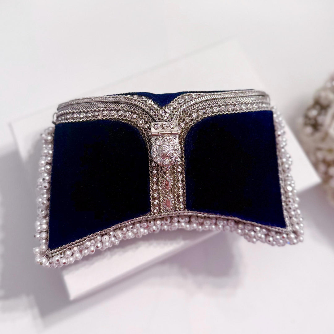 Navy Velvet Bridal Clutch: Handmade Pearl & Crystal Evening Bag