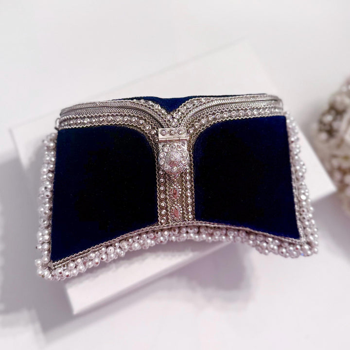 Navy Velvet Bridal Clutch: Handmade Pearl & Crystal Evening Bag