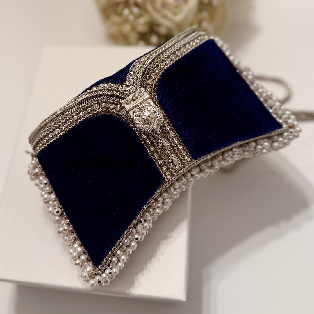 Navy Velvet Bridal Clutch: Handmade Pearl & Crystal Evening Bag