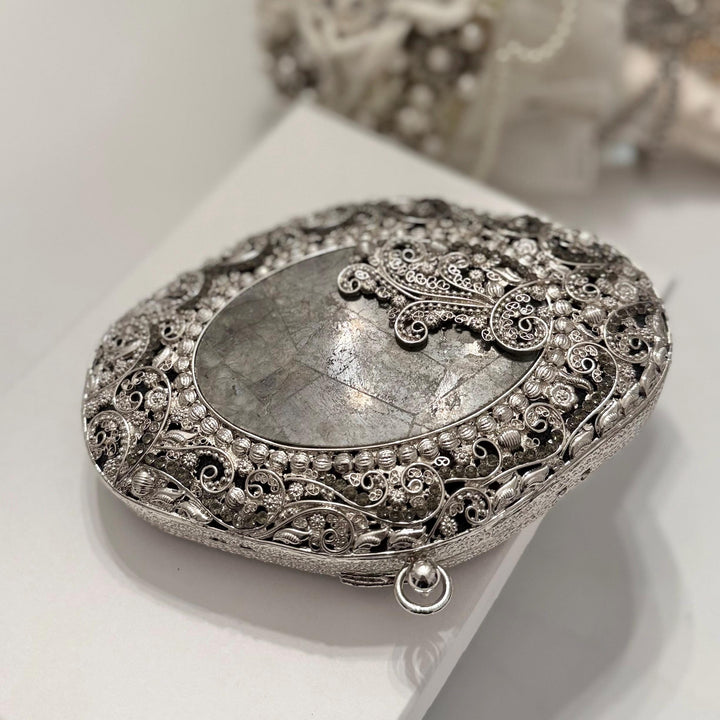 Natural Labradorite Stone Clutch: Silver Brass Framed Evening Bag