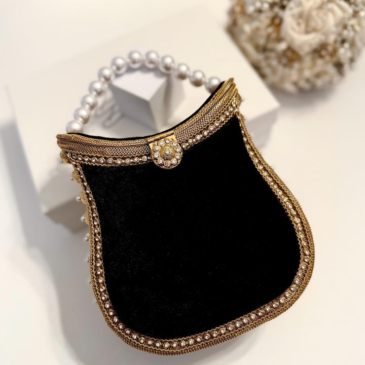 Handmade Black Velvet Clutch: Antique Gold Metal Top Handle Evening Bag