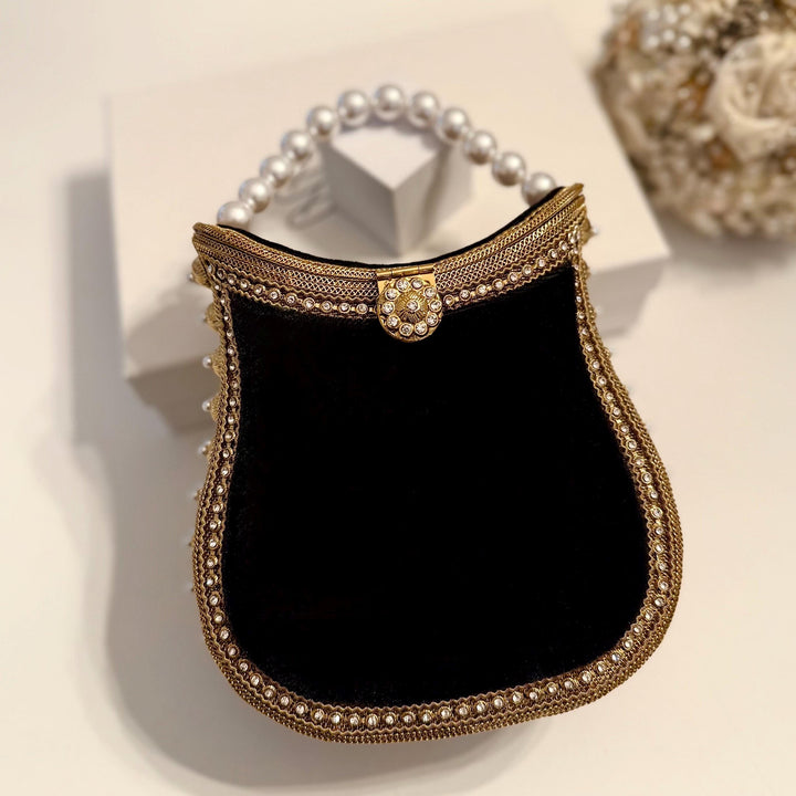 Handmade Black Velvet Clutch: Antique Gold Metal Top Handle Evening Bag
