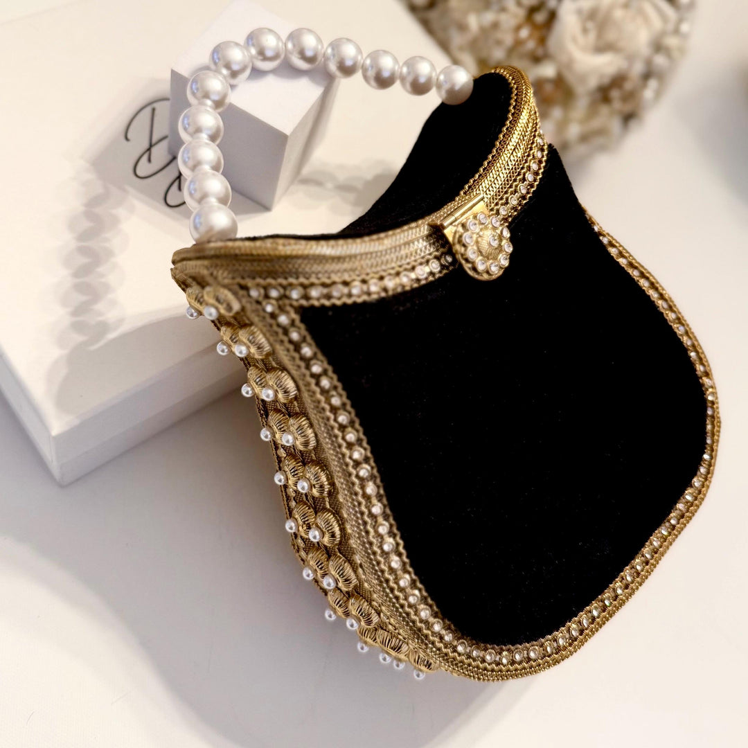 Handmade Black Velvet Clutch: Antique Gold Metal Top Handle Evening Bag