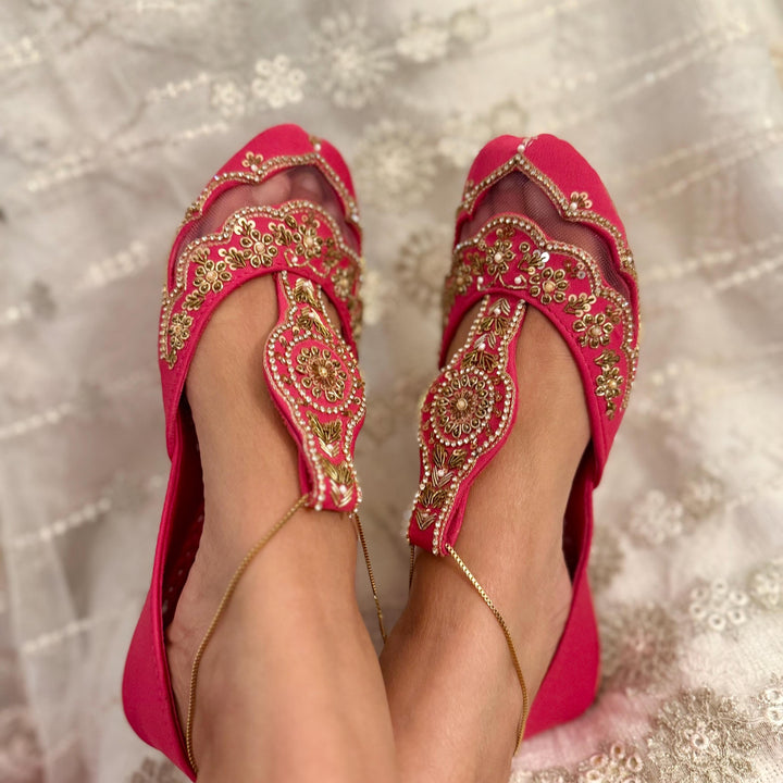 Handmade Fuchsia Bridal Khussa: Wedding Shoes with Anklet