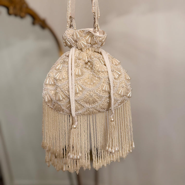 Ivory Beaded Bridal Potli Bag: Handmade Wedding Clutch