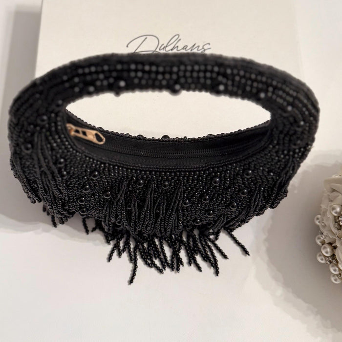 Black Beaded Top Handle Bag