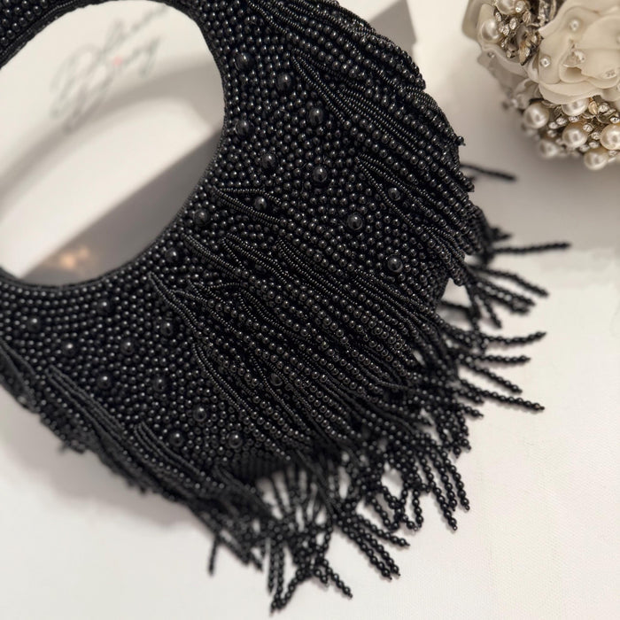 Black Beaded Top Handle Bag