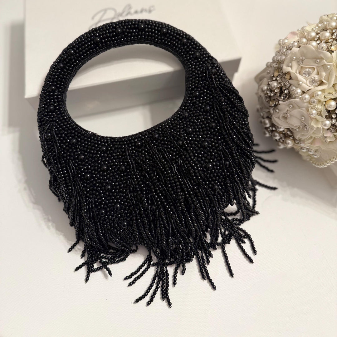 Beaded Top Handle Bag | Handmade Black Potli Evening Bag
