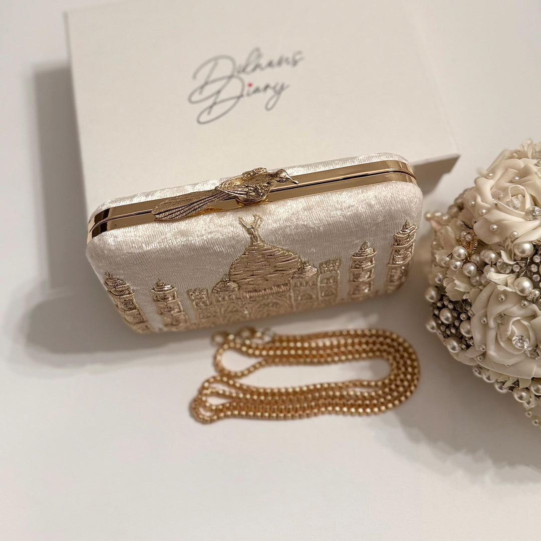 Taj Mahal Inspired Bridal Clutch: Zardozi Embroidery, Velvet & Gold